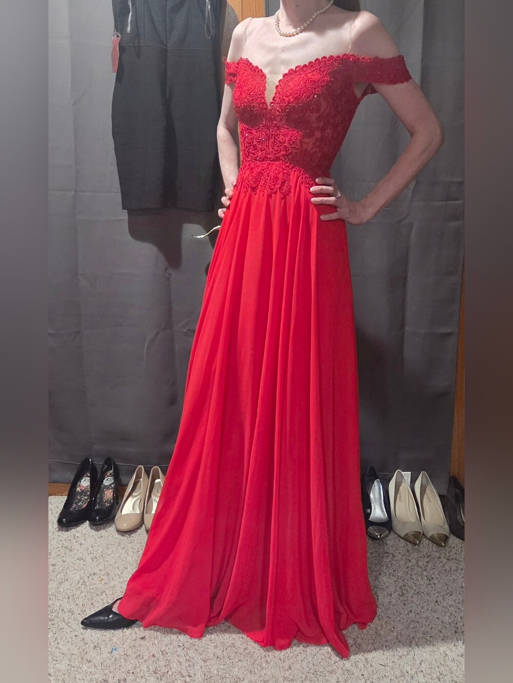 Camille La Vie Deep Red Off-Shoulder Lace Bodice Prom Gown